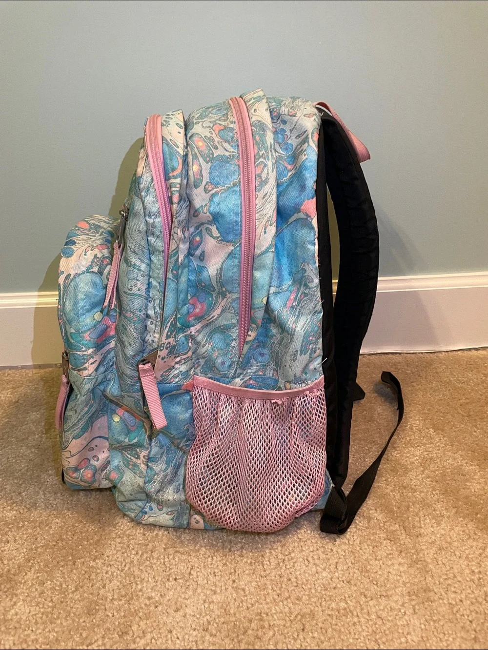 Jansport Swirled Marble Backpack in Blue and Pink